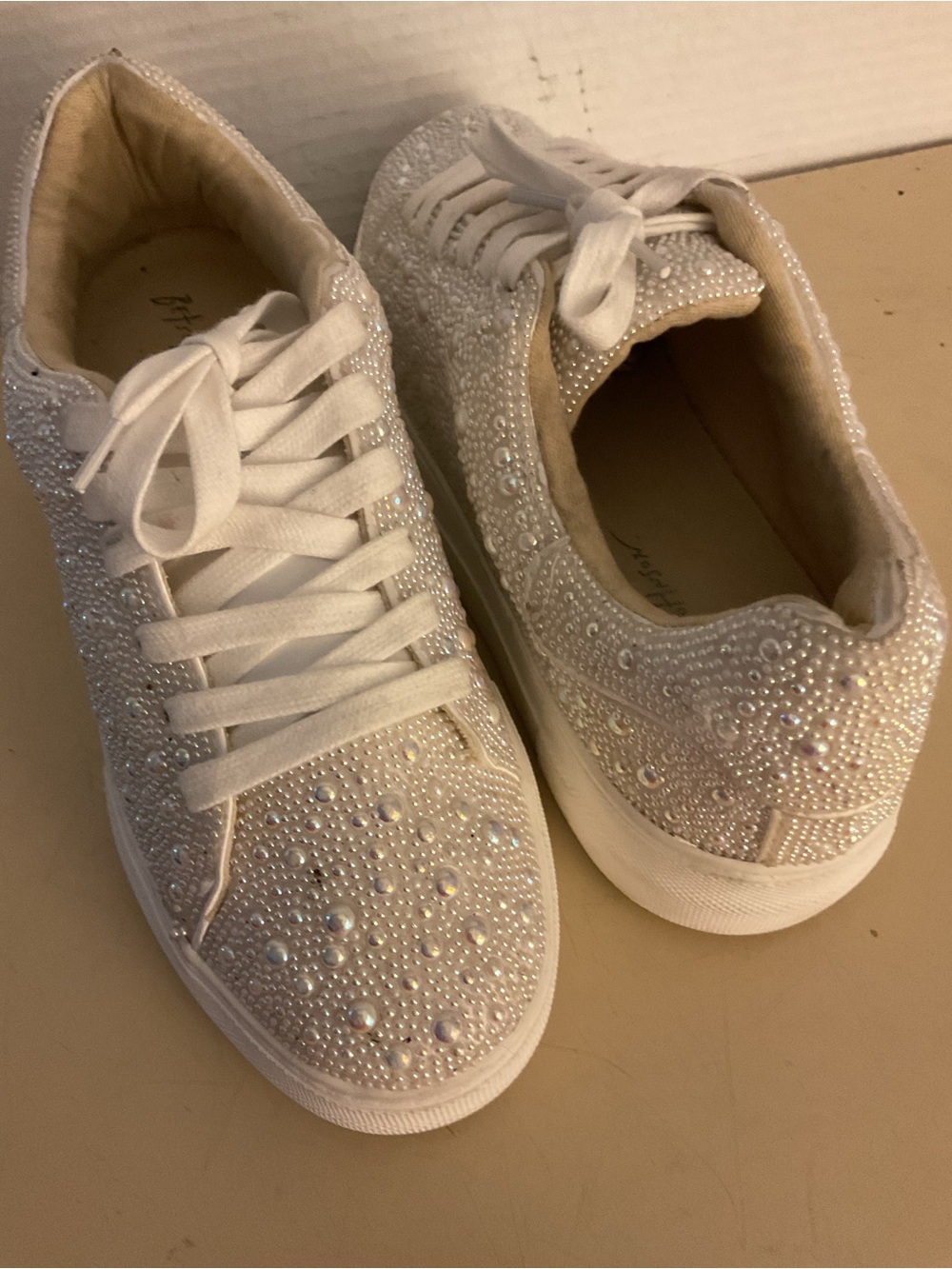 Betsey Johnson women White  rhinestone Pearl Embellished Platform Sneakers US 7
